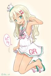 Rule 34 | 1girl, :d, ahenn, bare arms, bare shoulders, beige background, bow, clothes lift, clothes writing, commentary request, dress, dress lift, full body, gradient background, grecale (kancolle), green eyes, green footwear, hair bow, hand up, hat, kantai collection, kneeling, lifting own clothes, light brown hair, long hair, looking at viewer, mini hat, neckerchief, open mouth, pink bow, sailor collar, sailor dress, short dress, sleeveless, sleeveless dress, smile, solo, striped neckerchief, translation request, very long hair, white dress, white sailor collar