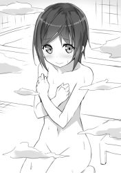 Rule 34 | 1girl, bath, covering privates, covering chest, greyscale, highres, kneeling, monochrome, navel, nude, original, short hair, sky-freedom, solo