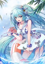 Rule 34 | 1girl, absurdly long hair, absurdres, aqua eyes, aqua hair, bikini, bikini top only, breasts, chicken (dalg-idalg), cloud, dress, dutch angle, hair between eyes, hat, hatsune miku, highres, leaning forward, long hair, looking at viewer, medium breasts, nail polish, octopus, open mouth, outdoors, partially submerged, sailor dress, sailor hat, scrunchie, sky, solo, standing, striped bikini, striped bikini top, striped clothes, swimsuit, twintails, very long hair, vocaloid, wading, water drop, white dress, wrist scrunchie