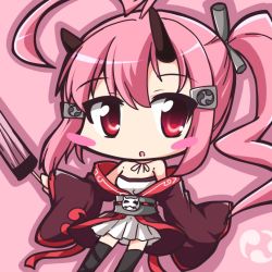 Rule 34 | 1girl, ahoge, azur lane, bare shoulders, blush, chibi, commentary request, geo (yukishitadou), hair ornament, holding, holding umbrella, horns, ikazuchi (kancolle), kantai collection, long sleeves, looking at viewer, oni horns, pink background, pink hair, ponytail, red eyes, sidelocks, skull, solo, swept bangs, thighhighs, umbrella