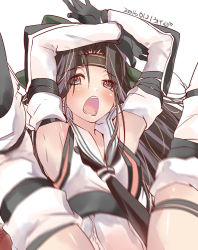 Rule 34 | 10s, 1girl, armpits, arms up, brown eyes, brown hair, commentary request, dated, detached sleeves, forehead protector, hachimaki, hair intakes, half updo, headband, jintsuu (kancolle), jintsuu kai ni (kancolle), kantai collection, legs up, long hair, looking at viewer, open mouth, school uniform, serafuku, simple background, solo, spread legs, teeth, thighhighs, ugeppa, white background