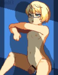 Rule 34 | 1boy, 1girl, animated, arms around neck, artist name, bar censor, blonde hair, breasts, censored, completely nude, feet out of frame, glasses, held up, hetero, melissa kinrenka, nijisanji, nipples, nude, osimder, paid reward available, pixel art, pussy juice, sex, short hair, small breasts, suspended congress, tagme, thighs, vaginal, video