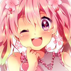 Rule 34 | 1girl, hatsune miku, long hair, pink hair, purple eyes, sakura miku, solo, urara (sumairuclover), vocaloid, wink