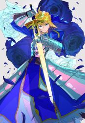 Rule 34 | 1girl, absurdres, ahoge, arm armor, armor, artoria pendragon (all), artoria pendragon (fate), blonde hair, blue armor, blue dress, blue eyes, blue flower, blue rose, breasts, closed mouth, corset, dress, fate/grand order, fate (series), floral background, flower, grey background, hair between eyes, hands up, highres, holding, holding sword, holding weapon, juliet sleeves, long sleeves, looking at viewer, medium breasts, petals, puffy sleeves, rose, saber (fate), short hair, solo, standing, sword, v-shaped eyebrows, weapon, xtango