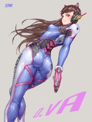Rule 34 | 1girl, acronym, alternate eye color, animal ear headphones, animal ears, arm behind back, armor, artist name, ass, axent wear, bodysuit, boots, bracer, breasts, brown hair, cat ear headphones, cat ears, character name, closed mouth, cowboy shot, d.va (overwatch), eyelashes, facepaint, facial mark, fake animal ears, from behind, gloves, grey background, gun, handgun, headphones, highres, holding, holding gun, holding weapon, knees together feet apart, long hair, long sleeves, looking back, overwatch, overwatch 1, ozma, pauldrons, pilot suit, pink lips, pointing, pointing at viewer, purple eyes, ribbed bodysuit, shoulder armor, shoulder pads, simple background, skin tight, skindentation, small breasts, smile, solo, standing, standing on one leg, swept bangs, thigh boots, thigh strap, thighhighs, transparent background, turtleneck, twisted torso, weapon, whisker markings, white footwear, white gloves