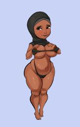 Rule 34 |  background, ass, bra, breasts, cat-o-ninetails, cleft of venus, clothes, dark skin, feet, highres, hijab, huge ass, large breasts, midriff, nipples, simple background, thick thighs, thighs, toes, underwear, waist, wide hips