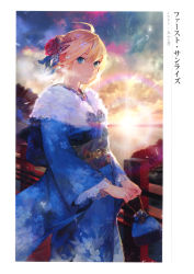 Rule 34 | absurdres, artist request, artoria pendragon (all), artoria pendragon (fate), bag, blonde hair, craft essence (fate), fate/grand order, fate/stay night, fate (series), handbag, highres, japanese clothes, kimono, looking at viewer, official alternate costume, saber (fate), saber (first sunrise) (fate), short hair, sunrise