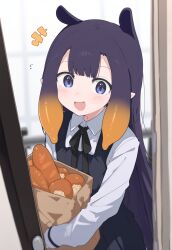 Rule 34 | 1girl, aged down, alternate costume, artist request, baguette, black hair, blue eyes, blush, bread, fang, food, gradient hair, highres, hololive, hololive english, multicolored hair, ninomae ina&#039;nis, open door, open mouth, pov, school uniform, smile, virtual youtuber