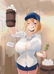 Rule 34 | 1girl, absurdres, artoria pendragon (fate), beer mug, blonde hair, blue eyes, blue skirt, blush, collared shirt, commentary request, cup, fate/grand order, fate (series), food, hair between eyes, hair through headwear, high ponytail, highres, id card, kasumi saika, kebab, licking lips, long hair, miniskirt, mug, mysterious heroine x (fate), mysterious heroine xx (fate), one eye closed, shirt, skewer, skirt, sleeves rolled up, solo, thighs, tongue, tongue out, white shirt