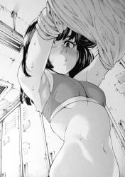 Rule 34 | 1girl, armpits, arms up, bad id, bad twitter id, blunt bangs, blush, bottomless, breasts, ceiling light, commentary, dutch angle, from below, greyscale, highres, indoors, locker, locker room, long hair, looking at viewer, looking down, medium breasts, monochrome, nakajima ryou, navel, nose blush, original, out-of-frame censoring, pout, unworn shirt, solo, sports bra, stomach, sweat, towel, tsurime, underboob, undressing, wet