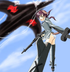 Rule 34 | 00s, 1girl, ass, blush, brown hair, chiaki lsd, day, double-drum magazine, drum magazine, dual wielding, flying, from behind, general-purpose machine gun, gertrud barkhorn, green eyes, gun, high-capacity magazine, holding, holding weapon, long sleeves, looking to the side, machine gun, machinery, magazine (weapon), mg42, rifle, saddle-drum, short hair, solo, strike witches, striker unit, weapon, world witches series