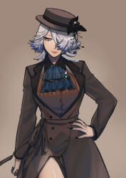 Rule 34 | 1girl, alternate costume, arknights, ascot, bad hands, black flower, black nails, blue ascot, blue hair, brown background, brown coat, brown hat, brown theme, coat, commentary request, feather hair, flower, front slit, grey hair, hair over one eye, hand on own hip, hat, hat flower, hat ribbon, highres, koryuu (gackter10), lipstick, looking to the side, makeup, nail polish, orchid (arknights), orchid (twines of time) (arknights), ribbon, simple background, solo, twitter username