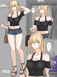 Rule 34 | ..., 1girl, bare legs, bare shoulders, black shirt, blonde hair, bra strap, breasts, brown footwear, cleavage, clothes hanger, commentary request, crop top, denim, denim shorts, fuku (fuku12290574), grey background, grey eyes, highres, holding, holding clothes hanger, long hair, midriff, multiple views, navel, off-shoulder shirt, off shoulder, original, shirt, short shorts, short sleeves, shorts, small breasts, spoken ellipsis, stuffed animal, stuffed toy, teddy bear, thighs, two side up