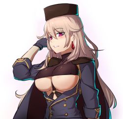 Rule 34 | 1girl, blush, breasts, cape, clothing cutout, earrings, fur hat, girls&#039; frontline, gloves, hat, jacket, jewelry, large breasts, looking at viewer, military jacket, mole, mole under eye, papakha, parted lips, ptrd (girls&#039; frontline), purple eyes, silver hair, solo, turtleneck, underboob, underboob cutout, upper body, xiujia yihuizi