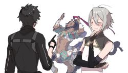 Rule 34 | 2boys, ahoge, armor, azarashi ball, black hair, blush, chinese armor, chinese clothes, closed eyes, detached sleeves, fate/grand order, fate (series), fujimaru ritsuka (male), fujimaru ritsuka (male) (polar chaldea uniform), gloves, grey hair, highres, horse, male focus, multiple boys, prince of lan ling (fate), red hare (fate), smile
