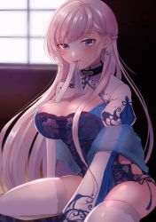 Rule 34 | 1girl, absurdres, alternate costume, azuma-nemo, azur lane, belfast (azur lane), belfast (iridescent rosa) (azur lane), belfast (iridescent rosa) (azur lane), blue dress, blush, breasts, china dress, chinese clothes, choker, cleavage, cleavage cutout, clothing cutout, commentary request, dress, earrings, highres, jewelry, large breasts, light purple hair, long hair, long sleeves, looking at viewer, purple eyes, sitting, skindentation, solo, thighhighs, very long hair, white thighhighs, window