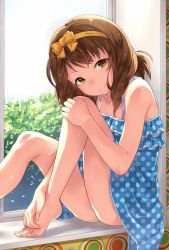 Rule 34 | 10s, 1girl, ass, bare arms, bare legs, bare shoulders, barefoot, bow, brown eyes, brown hair, closed mouth, collar, collarbone, copyright request, dress, feet, flat chest, hair bow, hairband, hand on own knee, hands on feet, idolmaster, idolmaster cinderella girls, indoors, knees up, long hair, looking at viewer, nagatomi hasumi, orange bow, orange hairband, polka dot, polka dot dress, sitting, sleeveless, sleeveless dress, smile, sundress, sunlight, torimaru, upskirt, window, windowsill