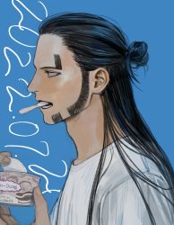 Rule 34 | 1boy, blue background, dated, food, golden kamuy, highres, ice cream, long hair, male focus, mouth hold, oosawa fusatarou, profile, shirt, sideburns, solo, teeth hold, upper body, white shirt, wooden spoon, ygrygry
