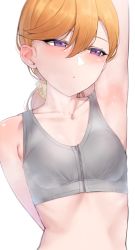 Rule 34 | 1girl, absurdres, alternate hairstyle, arm behind back, arm up, armpits, bare arms, bare shoulders, blurry, blush, breasts, closed mouth, collarbone, commentary request, depth of field, grey sports bra, hair between eyes, hair ornament, hair scrunchie, half-closed eyes, highres, long hair, looking away, love live!, love live! superstar!!, low ponytail, medium breasts, nasuno (nasuno42), orange hair, ponytail, purple eyes, scrunchie, shibuya kanon, simple background, solo, sports bra, steaming body, sweat, swept bangs, upper body, white background, yellow scrunchie, zipper, zipper pull tab