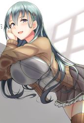 Rule 34 | 1girl, :d, aqua hair, blouse, blush, breasts, brown jacket, brown skirt, brown sweater, brown thighhighs, buttons, grey eyes, hair between eyes, hair ornament, hairclip, highres, jacket, kantai collection, large breasts, long hair, long sleeves, looking at viewer, ootori subaru, open mouth, pleated skirt, remodel (kantai collection), shirt, skirt, smile, solo, suzuya (kancolle), sweater, sweater jacket, thighhighs, white shirt