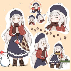 Rule 34 | 1girl, adapted costume, alternate hairstyle, azur lane, beret, blue dress, blush, book, brown footwear, character sheet, coffee mug, commentary request, cross-laced footwear, cup, dress, expressions, fiido, grey hair, hat, highres, long hair, long sleeves, looking at viewer, low twintails, mittens, mug, multiple views, pom pom (clothes), scarf, shawl, snowman, twintails, winter uniform, yellow eyes, z46 (azur lane)