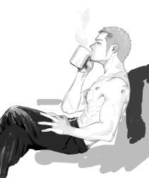 Rule 34 | 1boy, abs, bara, bruise, cor leonis, cup, drinking, facial hair, final fantasy, final fantasy xv, from side, goatee, greyscale, highres, in higashiyama, injury, long sideburns, male focus, mature male, monochrome, mug, muscular, muscular male, navel, nipples, pectorals, scar, scar on chest, sideburns, sketch, solo, steam, stomach, stubble, topless male, white background