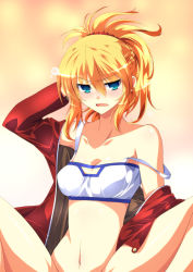 Rule 34 | 1girl, bandeau, blonde hair, blue eyes, braid, breasts, cleavage, fate/apocrypha, fate (series), french braid, gradient background, hair between eyes, highres, ka2, midriff, mordred (fate), mordred (fate/apocrypha), mordred (memories at trifas) (fate), navel, no pants, out-of-frame censoring, short hair, solo, spread legs, stomach, strap slip, strapless, thighs, tube top, white background