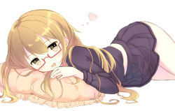 Rule 34 | 10s, 1girl, bad id, bad pixiv id, blonde hair, blurry, blush, brown eyes, depth of field, drooling, frilled pillow, frills, glasses, heart, highres, kantai collection, long hair, looking at viewer, lying, mochizuki (kancolle), nerunnn, on stomach, pillow, red-framed eyewear, semi-rimless eyewear, skirt, solo, under-rim eyewear, white background