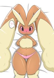 Rule 34 | 1girl, :3, animal nose, bed sheet, black eyes, blush, body fur, bow, bow panties, brown fur, closed mouth, clothed pokemon, colored sclera, creatures (company), dakimakura (medium), female focus, flat chest, furry, furry female, game freak, gen 4 pokemon, gluteal fold, hands on own chest, hands up, happy, heart, highres, looking at viewer, lopunny, lying, navel, nintendo, nose blush, on back, own hands together, panties, pink panties, pink sclera, pokemon, pokemon (creature), rabbit ears, rabbit girl, sasada (ssd ng), shiny skin, simple background, smile, solo, speech bubble, spoken heart, stomach, straight-on, thick thighs, thighs, topless, two-tone fur, underwear, underwear only, white background, wide hips, yellow fur