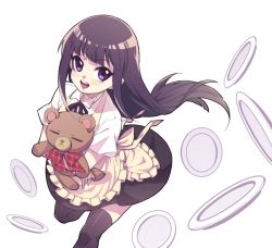 Rule 34 | 1girl, apron, black hair, black thighhighs, blunt bangs, blush, daisy (working!!), hugging doll, from above, from side, highres, long hair, hugging object, open mouth, purple eyes, simple background, smile, solo, stuffed animal, stuffed toy, teddy bear, thighhighs, tsurime, waitress, wan nian da zha de r, white background, working!!, yamada aoi, zettai ryouiki