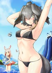 Rule 34 | 10s, 2girls, :o, absurdres, armpits, arms up, artist name, ball, bare shoulders, beachball, bikini, bikini skirt, black bikini, blue sky, blunt bangs, blurry, blurry background, blush, breasts, chestnut mouth, choker, cloud, cloudy sky, cowboy shot, d-cao, day, eyebrows, eyelashes, feathers, frilled bikini, frills, front-tie bikini top, front-tie top, grey hair, groin, hair between eyes, head wings, highres, holding, holding ball, japanese crested ibis (kemono friends), kemono friends, legs together, long hair, looking at viewer, low ponytail, lucky beast (kemono friends), medium breasts, midriff, mountain, multicolored hair, multiple girls, navel, ocean, one eye closed, open mouth, orange hair, outdoors, partially submerged, ponytail, red bikini, red choker, red hair, sanpaku, shoebill (kemono friends), side ponytail, sky, sleeve cuffs, small breasts, swimsuit, tail, two-tone hair, underboob, water, wavy mouth, white hair, wings, yellow eyes