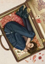 Rule 34 | 1boy, bishounen, brown hair, flower, from above, green eyes, highres, lies of p, lying, male focus, moonlitmelody, petals, pinocchio (lies of p), red flower, red rose, rose, rose petals, sailor collar, sailor shirt, shirt, short hair, solo, suitcase