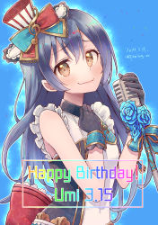 Rule 34 | 1girl, absurdres, bad id, bad pixiv id, birthday, black gloves, blue background, blue hair, blush, cafe maid (love live!), character name, closed mouth, commentary request, dated, embarrassed, english text, flower, gloves, hair between eyes, happy birthday, hat, highres, holding, huge filesize, long hair, looking at viewer, love live!, love live! school idol festival, love live! school idol project, microphone, mini hat, miyamae porin, simple background, solo, sonoda umi, standing, treble clef, wavy mouth, yellow eyes