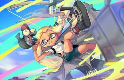Rule 34 | 1girl, :q, bike shorts, black footwear, black shorts, blonde hair, bow (weapon), braid, domino mask, green eyes, highres, inkling, inkling girl, inkling player character, jumping, kneepits, legs, legs up, long hair, mask, minamidena, nintendo, pointy ears, shirt, shoes, short sleeves, shorts, smile, splatoon (series), splatoon 3, suction cups, tentacle hair, thighs, tongue, tongue out, tri-stringer (splatoon), weapon, white shirt