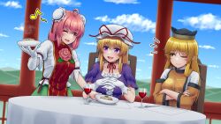 Rule 34 | 3girls, ahoge, alcohol, bandaged arm, bandages, black headwear, blonde hair, blue sky, blush, bow, bowl, breasts, bun cover, cape, chair, closed mouth, cloud, cloudy sky, collarbone, constellation print, crossed arms, cup, day, detached sleeves, double bun, dress, drinking glass, flower, food, fork, glass, gloves, green skirt, grey headwear, hair between eyes, hair bun, hands up, hat, hat bow, highres, holding, holding bowl, ibaraki kasen, large breasts, leaf, long hair, long sleeves, looking at another, matara okina, medium breasts, mob cap, mountain, multiple girls, musical note, neck ribbon, open mouth, orange cape, orange tabard, outdoors, own hands together, pink flower, pink hair, plate, puffy short sleeves, puffy sleeves, purple dress, purple eyes, red bow, red eyes, red ribbon, red tabard, ribbon, shirt, short hair, short sleeves, sidelocks, sitting, skirt, sky, smile, steam, tabard, tatsu toyoyo, tongue, touhou, two-tone headwear, white gloves, white headwear, white shirt, wide sleeves, wine, wine glass, yakumo yukari, yellow eyes