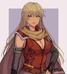 Rule 34 | 1girl, absurdres, artist name, bare shoulders, blonde hair, breasts, brown eyes, cape, cleavage, closed mouth, cm lynarc, commentary, commission, dark-skinned female, dark skin, elbow gloves, fingerless gloves, fire emblem, fire emblem: the binding blade, fire emblem heroes, gloves, hand on own hip, highres, igrene (fire emblem), light smile, lips, long hair, looking at viewer, medium breasts, mole, mole under eye, nintendo, purple background, signature, simple background, sleeveless, smile, solo, upper body