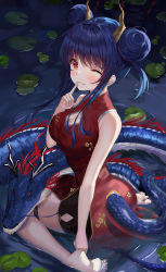 Rule 34 | 1girl, absurdres, arknights, bare arms, bare shoulders, barefoot, blue hair, blush, breasts, ch&#039;en (ageless afterglow) (arknights), ch&#039;en (arknights), china dress, chinese clothes, cleavage, cleavage cutout, clothing cutout, commentary, double bun, dragon, dragon horns, dragon tail, dress, eastern dragon, hair bun, hand up, highres, horns, index finger raised, large breasts, lily pad, long hair, looking at viewer, lotpi, official alternate costume, one eye closed, parted lips, red dress, red eyes, sidelocks, sitting, sleeveless, sleeveless dress, tail, wariza, water