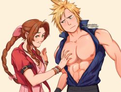 Rule 34 | 1boy, 1girl, abs, aerith gainsborough, anger vein, assertive female, bangle, bare shoulders, black gloves, black pants, blonde hair, blue shirt, bracelet, braid, braided ponytail, breasts, brown hair, choker, cleavage, cloud strife, collarbone, cropped jacket, dress, final fantasy, final fantasy vii, final fantasy vii advent children, final fantasy vii remake, gloves, green eyes, grin, groping, hair ribbon, hand on another&#039;s chest, high collar, jacket, jewelry, looking at another, medium breasts, muscular, muscular male, open clothes, open shirt, pants, parted bangs, pectorals, pink dress, pink ribbon, red jacket, ribbon, shirt, short hair, short sleeves, sidelocks, sleeveless, sleeveless shirt, smile, spiked hair, square enix, squeezing, sweatdrop, thar chandran, upper body