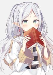 Rule 34 | 1girl, absurdres, belt, belt buckle, black belt, blush, book, book to mouth, buckle, capelet, closed mouth, commentary request, covered mouth, dress, elf, frieren, green eyes, hair intakes, hands up, highres, holding, holding book, light smile, long hair, long sleeves, looking at viewer, parted bangs, pointy ears, shiino sera, simple background, smile, solo, sousou no frieren, striped clothes, striped dress, teardrop earrings, twintails, upper body, white background, white capelet, white dress, white hair
