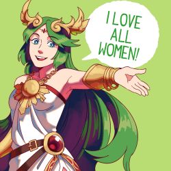 Rule 34 | 1girl, breasts, english text, eyebrows, frogbians, green background, green eyes, green hair, highres, jewelry, kid icarus, kid icarus uprising, long hair, looking at viewer, matching hair/eyes, nintendo, open mouth, palutena, simple background, smile, solo, text focus, tiara