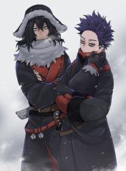 Rule 34 | 2boys, animal, bags under eyes, bell, belt, black cat, black coat, black hair, black headwear, boku no hero academia, brown belt, cat, closed mouth, coat, commentary, crossed arms, eraser head (boku no hero academia), facial hair, fur-trimmed headwear, fur trim, grey background, grey scarf, hair between eyes, hat, holding, holding animal, holding cat, long hair, long sleeves, looking at viewer, male focus, mittens, multiple boys, official alternate costume, purple hair, red mittens, scarf, shinaso (sachi-machi), shinsou hitoshi, short hair, snowing, standing, stubble, symbol-only commentary