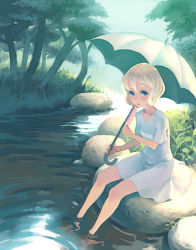 Rule 34 | 1girl, blonde hair, blue eyes, day, female focus, food, forest, holding, holding umbrella, lowres, nature, original, outdoors, popsicle, river, sitting, sky, solo, umbrella, weno, weno&#039;s blonde original character