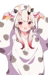 Rule 34 | 1girl, :d, animal costume, animal print, blush, cosplay, cow costume, cow print, highres, hololive, horns, kigurumi, long hair, long sleeves, looking at viewer, multicolored hair, nakiri ayame, namaonpa, open mouth, red eyes, red hair, simple background, smile, solo, streaked hair, upper body, virtual youtuber, white background, white hair