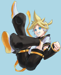 Rule 34 | 1boy, black footwear, black shorts, blonde hair, blue background, blue eyes, boots, detached sleeves, falling, full body, grin, headset, ippo, kagamine len, knee boots, legs up, long sleeves, looking at viewer, male focus, open mouth, school uniform, serafuku, short sleeves, shorts, simple background, smile, solo, teeth, vocaloid