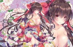 Rule 34 | 1girl, alternate costume, bare shoulders, blush, bow, breasts, brown eyes, brown hair, cleavage, collarbone, floral background, floral print, full body, hair bow, hair tubes, hakurei reimu, japanese clothes, kimono, large breasts, long hair, long sleeves, looking at viewer, nail polish, no bra, off shoulder, pekopokox, ponytail, purple nails, red bow, sidelocks, smile, solo, touhou, very long hair, wide sleeves, zoom layer