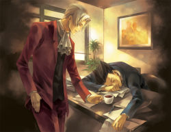 Rule 34 | 2boys, ace attorney, ace attorney investigations, artist name, ascot, black hair, capcom, charley (ace attorney), closed eyes, coffee, cup, desk, formal, grey hair, hair intakes, hand on own hip, jacket, looking down, male focus, miles edgeworth, mou-s, multiple boys, office, open clothes, open jacket, pants, papers, parted bangs, parted lips, phoenix wright, plant, potted plant, sleeping, spiked hair, suit