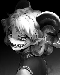 Rule 34 | 1girl, commentary request, curly hair, dark background, earrings, evil grin, evil smile, from side, greyscale, grin, highres, horizontal pupils, horn ornament, horn ribbon, horns, houzuki (hotondo), jewelry, looking at viewer, looking to the side, medium bangs, monochrome, open mouth, patterned clothing, pointy ears, portrait, rectangular pupils, ribbon, sharp teeth, sheep horns, short hair, simple background, sleeveless, smile, solo, teeth, touhou, toutetsu yuuma, vest
