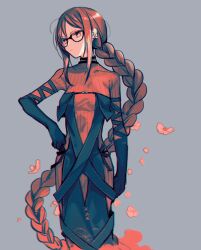 Rule 34 | 1girl, black dress, bodysuit, braid, brown hair, closed mouth, dress, earrings, fate/grand order, fate (series), glasses, gloves, grey background, hand on own hip, jewelry, katagiri (mighty swing), long braid, long hair, looking to the side, orange eyes, ribbed bodysuit, simple background, single braid, solo, yu mei-ren (first ascension) (fate)