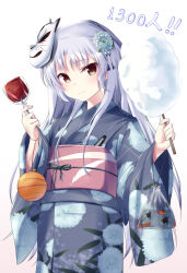 Rule 34 | 1girl, alternate costume, angel beats!, blue kimono, blush, candy, candy apple, closed mouth, commentary request, cotton candy, cowboy shot, eyelashes, feather print, fish, floral print, food, goldfish, hair between eyes, hand up, hands up, holding, holding candy, holding food, japanese clothes, kimono, long hair, looking at viewer, lying, milestone celebration, sidelocks, smile, solo, standing, tagame (tagamecat), tenshi (angel beats!), very long hair, white hair, wide sleeves, yellow eyes, yukata