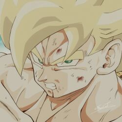 Rule 34 | 1boy, angry, blonde hair, blood, blood on face, clenched teeth, dragon ball, dragonball z, green eyes, highres, looking at viewer, muscular, muscular male, scan, scratches, son goku, super saiyan, super saiyan 1, tagme, teeth